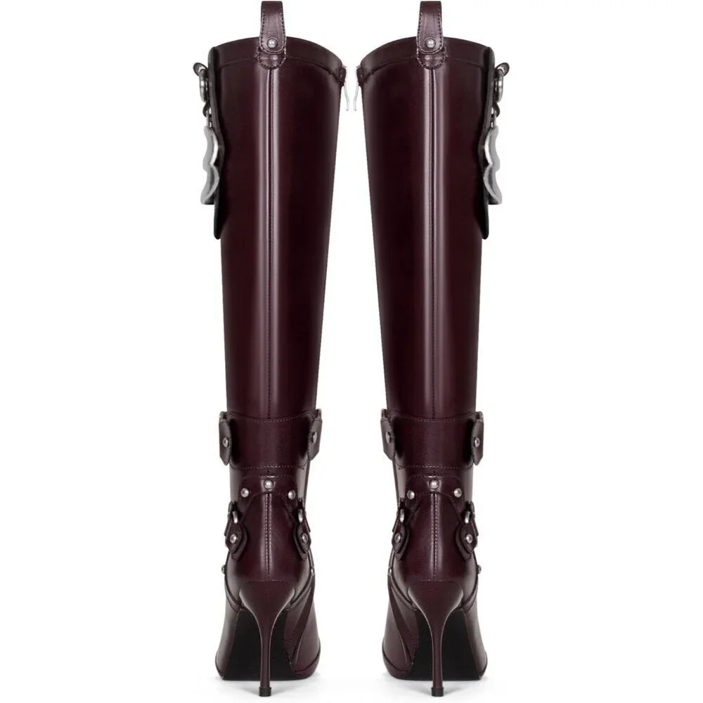 Women's Burgundy Pointed Toe Slim Calf Sexy Stiletto High Heel Long Tall Boots